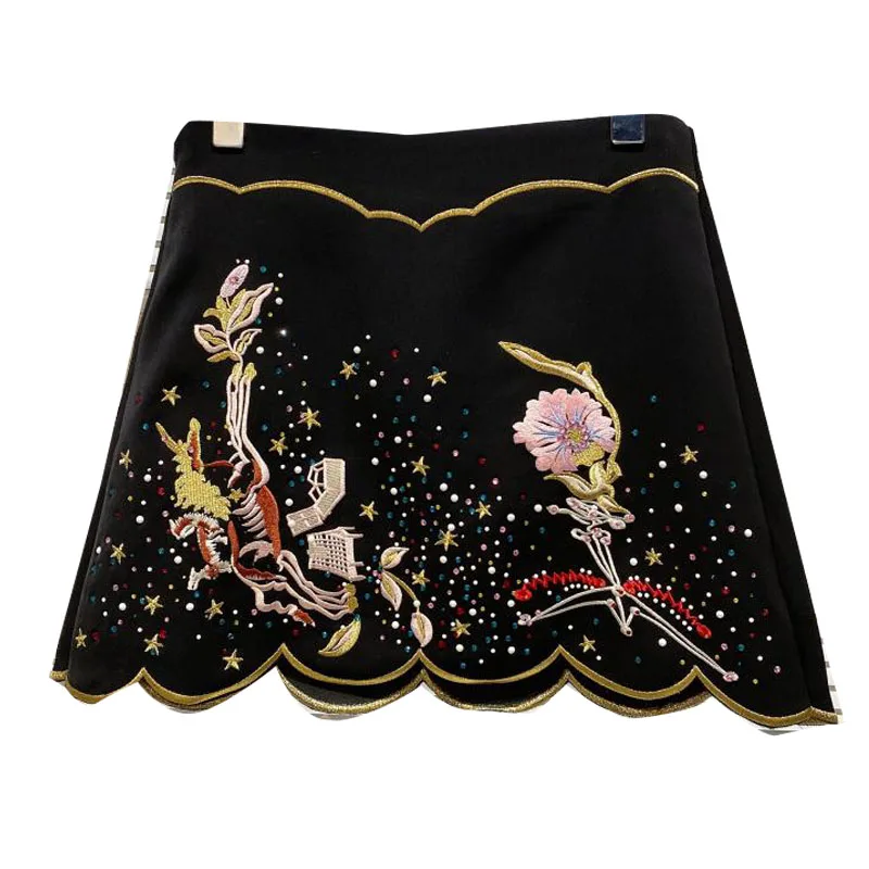 

2021 Summer New Retro Flower Embroidery Wave Edge Elegant A- Line Skirt Women Mini Skirts Lady All-matching Bottom Skirt Mujer