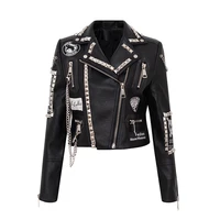 autumn and winter new heavy industry rivet jacket graffiti printed leather short slim leather motorcycle leather jacket women