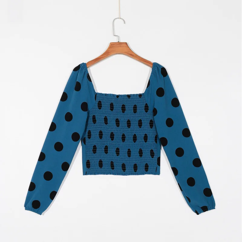 

Summer women's shirt casual polka dot printed square collar long sleeve shirt