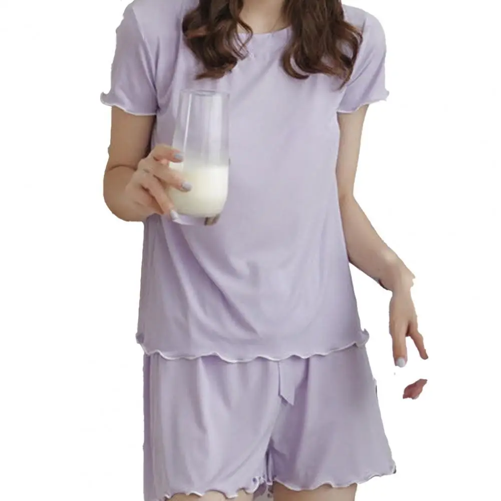 

2Pcs/Set Casual Pajamas Comfortable Sweat-absorbent Loose Polyester Women Tree Fungus Edges Nightgown Two-Piece Set for Gift