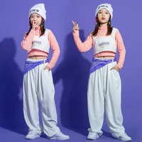 kid kpop hip hop clothing pink crop top long sleeve shirt white vest streetwear casual pants for girl jazz dance costume clothes