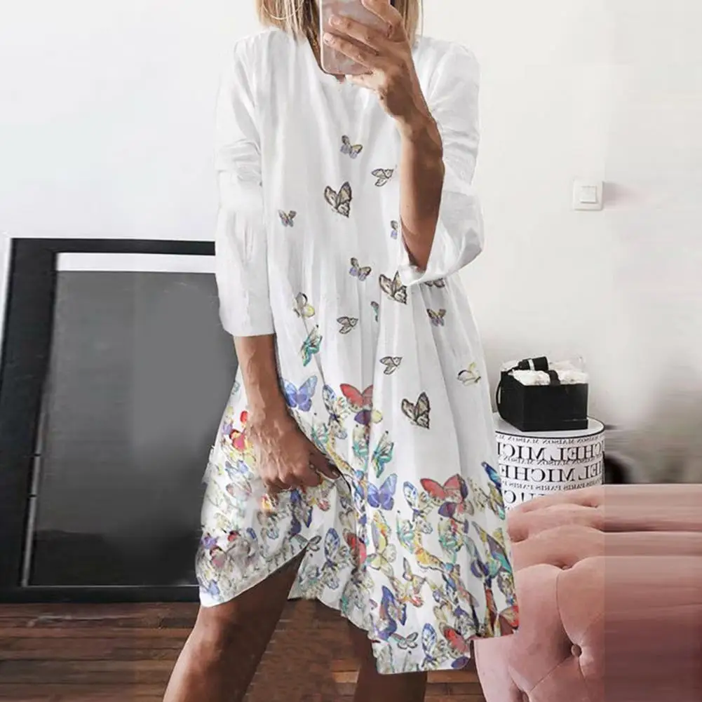 

Summer Women Dress O-Neck 3/4 Sleeve Midi Dress Female Butterflies Print Big Hem Party Dress Ladies Clothing Loose Elegant Dress