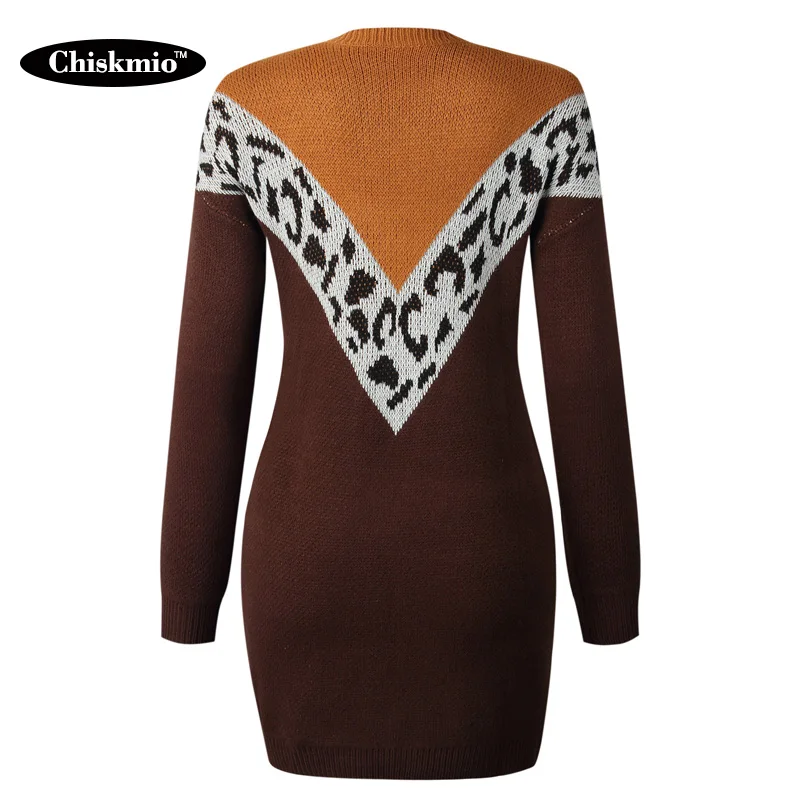 

Chiskmio Leopard Patchwork Sweater Women Long Knitted Pullover O-Neck Long Sleeve Knitting-Dress Ladies Streetwear Knitwear