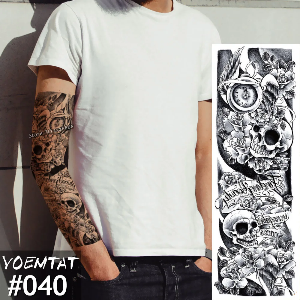 

New 1 Piece Temporary Tattoo Sticker Skull Rose Full Flower Tattoo With Arm Body Art Big Large Fake Tattoo Sticker