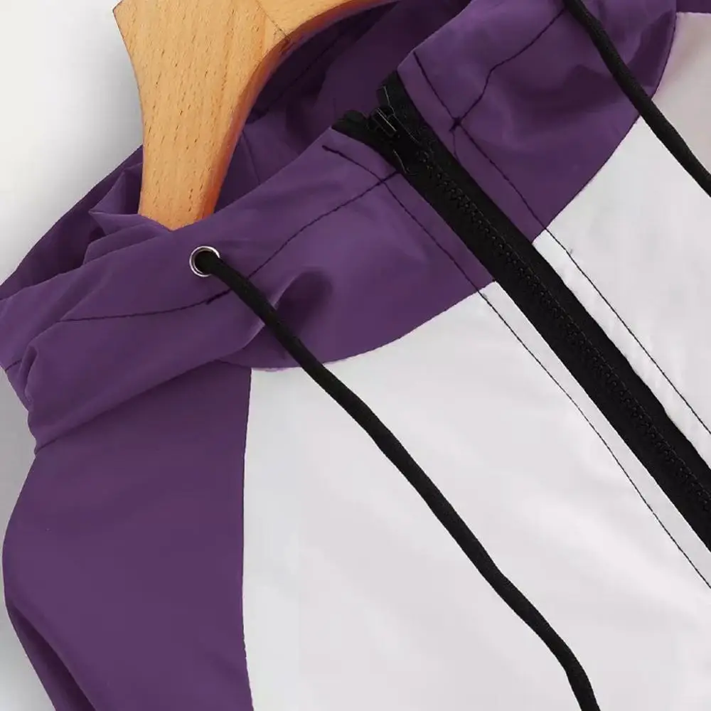 

2019 Harajuku Patchwork Jackets Women Long Sleeve Thin Skinsuits Hooded Zipper Pockets Sport Coat windbreaker Outwear coat A3