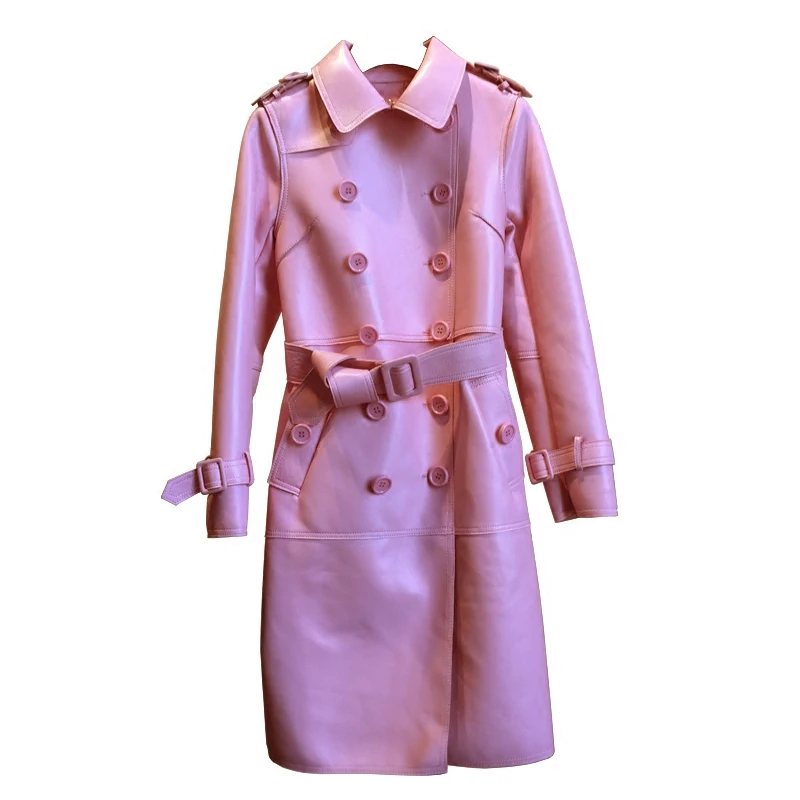 Женское длинное пальто с поясом элегантное двубортное из натуральной овечьей