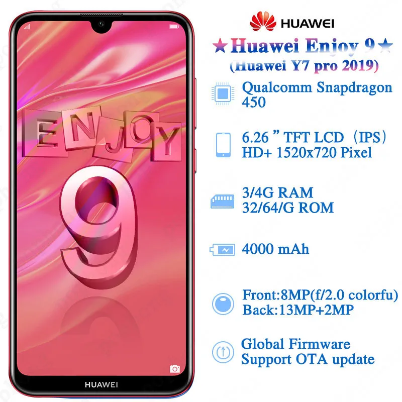 Huawei Enjoy 9 Y7 PRO 2019 мобильный телефон 4 Гб 64 Восьмиядерный 6 26 &quot4000 мАч 13MP AI двойная