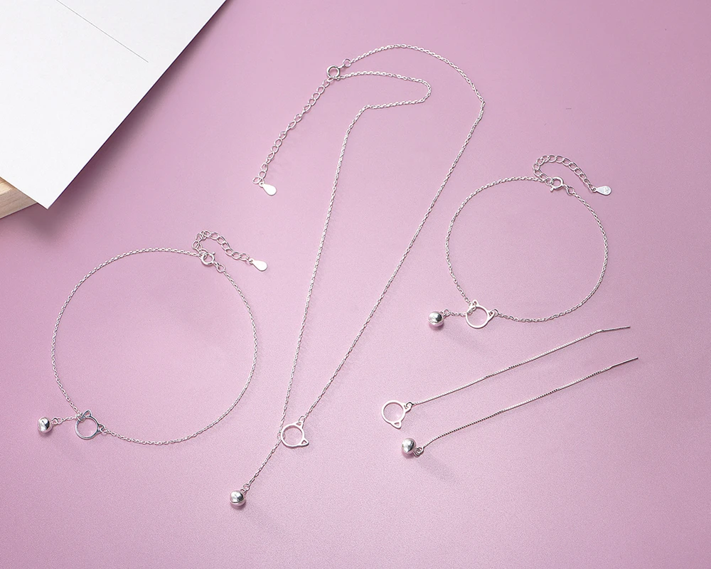 ZS Настоящее серебро 925 пробы ювелирный набор для женщин милый кот и колокольчик