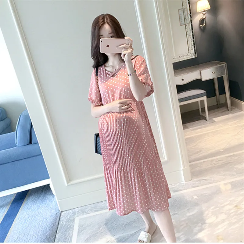 

Maternity Clothes Dress Summer Maternity Dresses Loose Short Sleeve Chiffon Casual Pink Dot Breathable Pregnancy Clothes