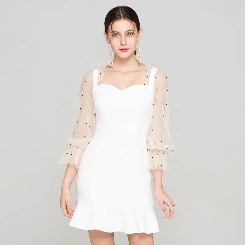 Yigelila summer new White V-Neck Lantern Sleeve sexy slim package hip skirt dress 64204