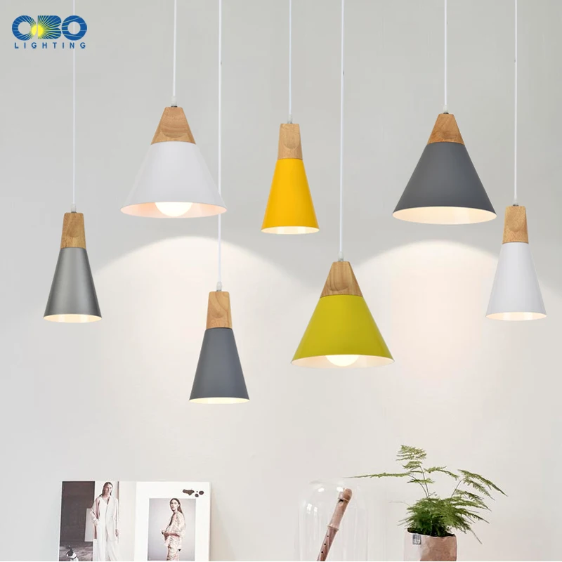 Luces colgantes nórdicas pantalla de aluminio colorido café dormitorio Loft 1,2 m Cable iluminación interior LED madera E27 lámpara colgante