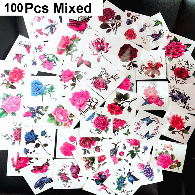 

100Pcs/lot small fake tattoo for woman girl temporary tattoo pack rose peony butterfly tatoo flowers on hand finger neck face