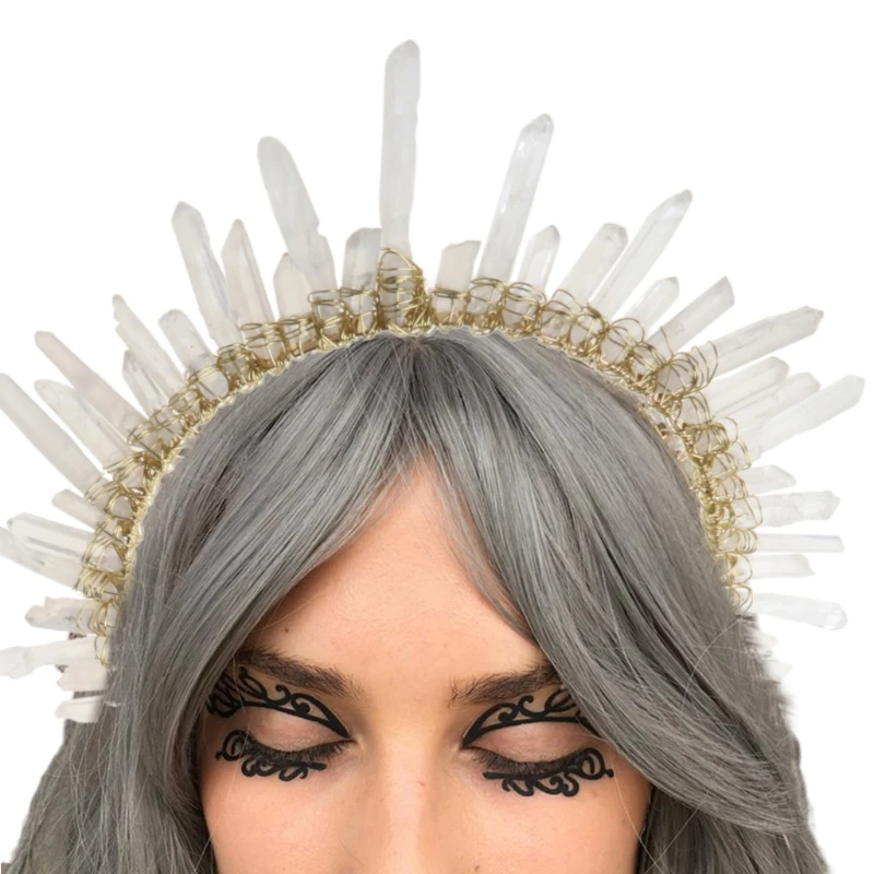 

Boho Ethnic Bridal Wedding Headband Handmade Faux Crystal Quartz Tiara Crown Clear White Jewelry Angel Aura Hair Hoop
