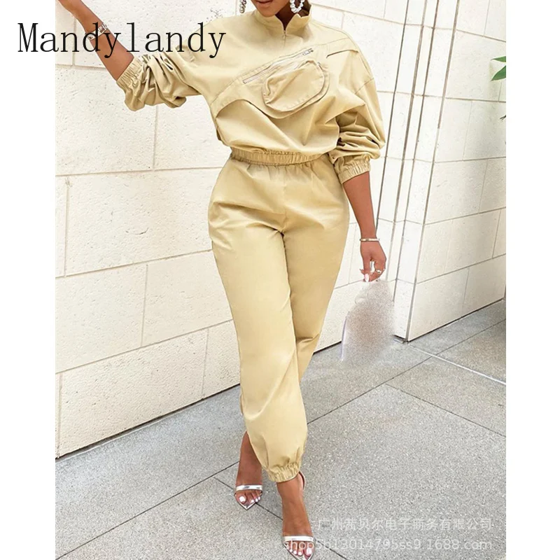 

Женский спортивный костюм-карго Mandylandy, комплект спортивных брюк, женский короткий топ на молнии с карманами и свитшот + брюки с эластичным п...