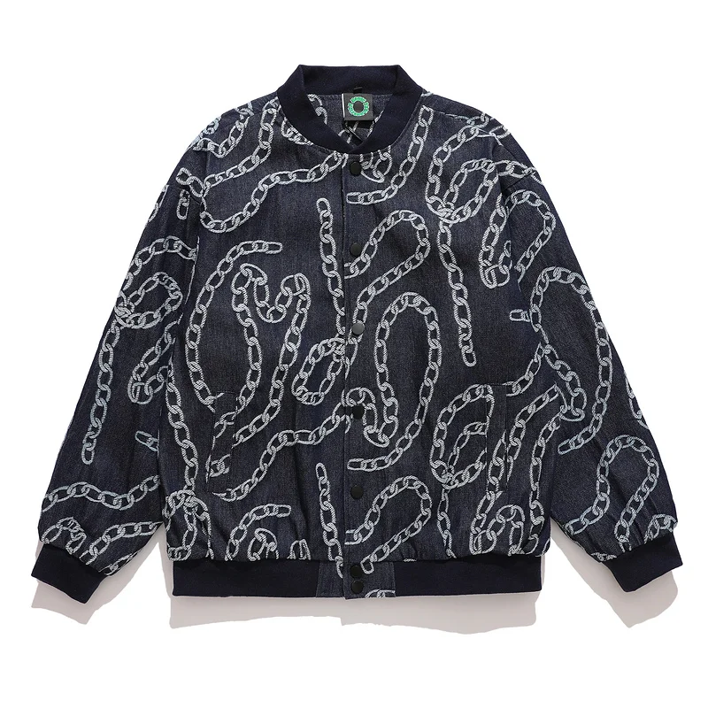 

Men Harajuku Iron Chain Printed Jeans Jacket Streetwear Women Oversized Denim Coats HipHop Unisex Black Blue Denim Jacket Tops