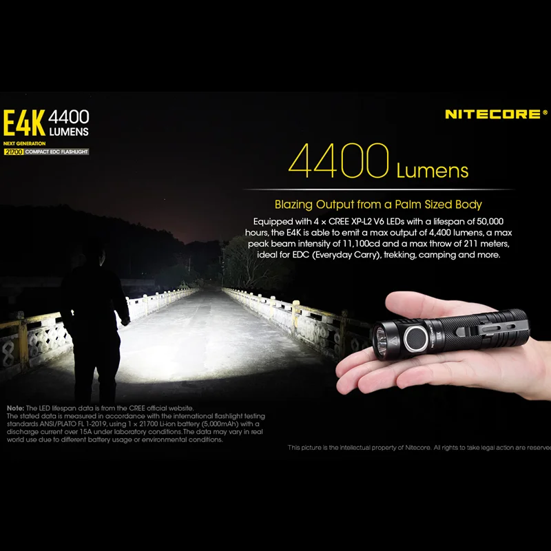 Скидка Компактный фонарик NITECORE E4K для повседневного использования, 4400 люмен, перезаряжаемый с аккумулятором NL2150 5000 мАч, тройной фонарик, тактическ...