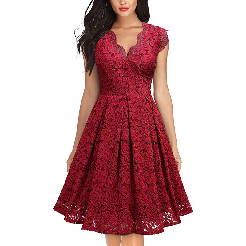 wine red LSYCDS, женское винтажное платье, элегантное сексуальное кружевное платье без рукавов с v-образным вырезом размера плюс, женское Повседневное платье, вечерние платья для женщин - Цвет: wine red