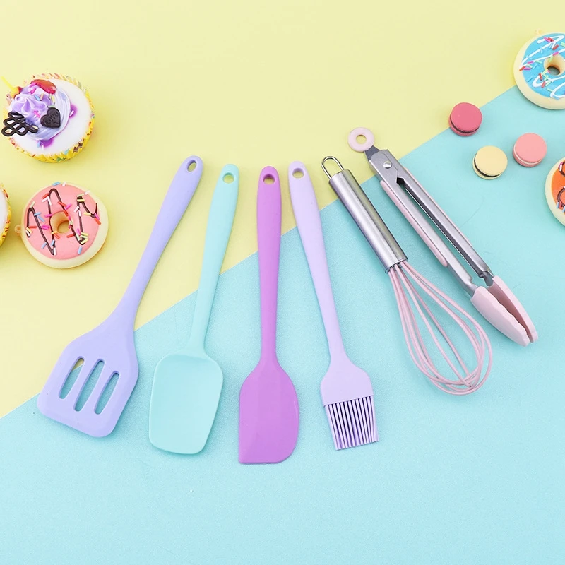 

6PCS Purple Baking Accessories Silicone Mini Baking Spatula Whisk Oil Brush Food Tongs Household Baking Tool Kit