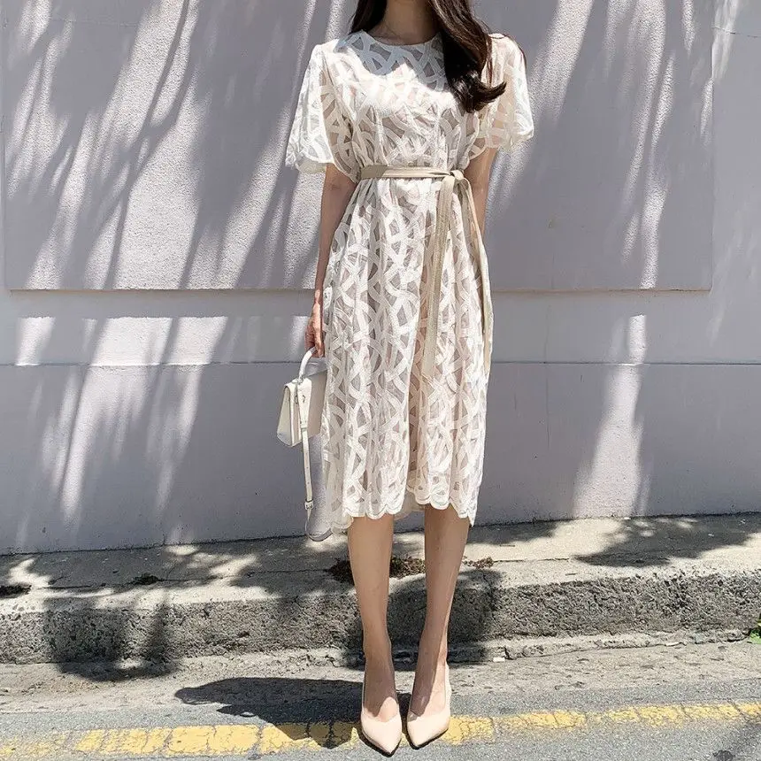 

Xi Jiang Moon Elegant Women Maxi Dress O Neck Heavy Industry Lace Hook Slim Waist Lace Summer Women Clothes B328