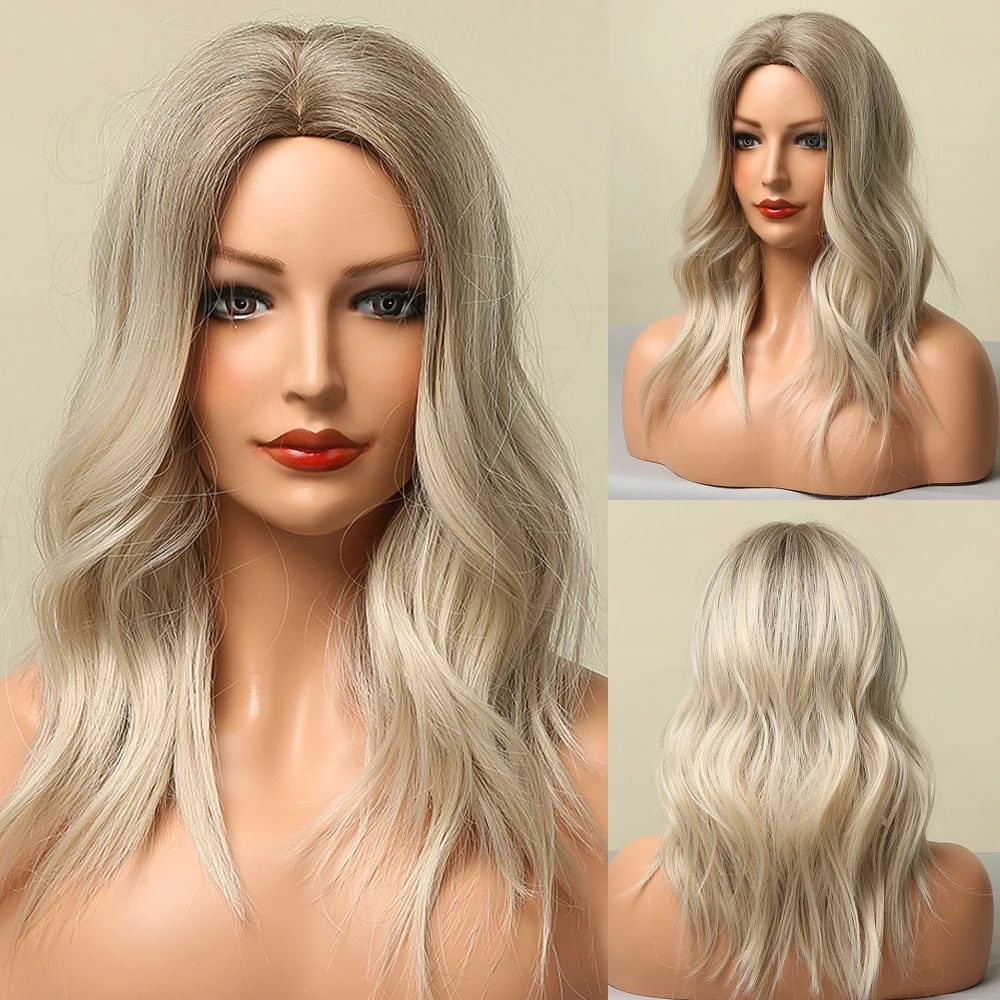 

ALAN EATON Medium Wavy Bob Synthetic Wigs Natural Middle Part Ombre Light Brown Blonde Cosplay Wig for Women Heat Resistant Hair