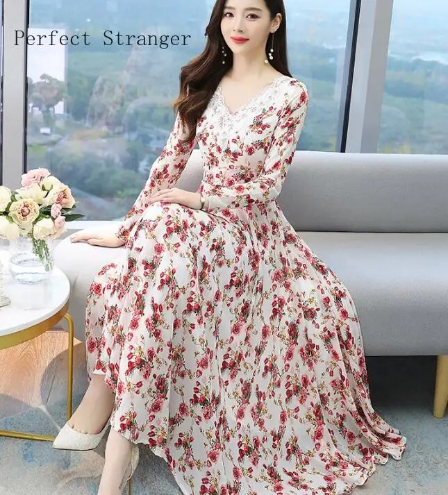 Женское шифоновое длинное платье с цветочным принтом и V-образным вырезом |