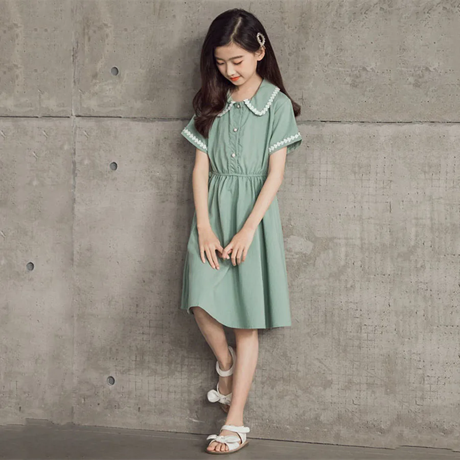 

Front Button Turn Down Collar Short Sleeve Dress Girls 4 to 13 Years Fashion Slim Waist Cotton A Line Knee Length Dresses Child