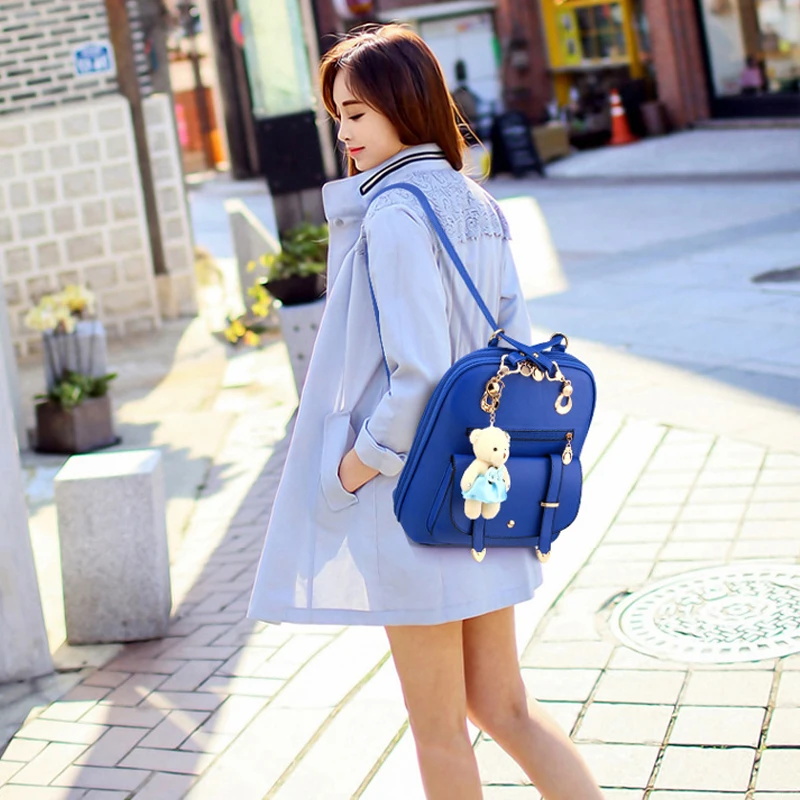 Preppy Style Women Backpack Bear Toys PU Leather Schoolbags For Teenage Girls Female Rucksack Shoulder   Bag Travel Knapsack