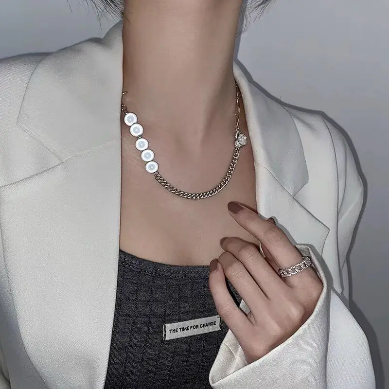 

Hot Fashion Punk Choker Necklace Cross Reflective Imitation Pearl Pendant Necklaces For Women Men Vintage Jewelry Gift