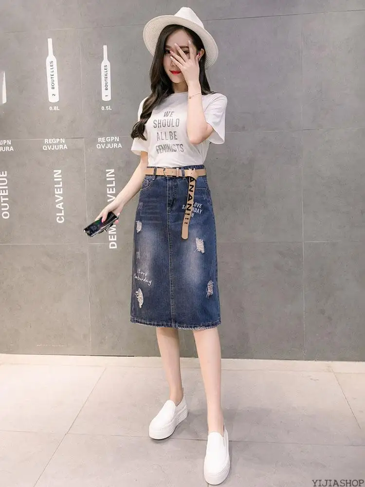 Новая летняя Высококачественная Свободная юбка джинсовая среднего размера с