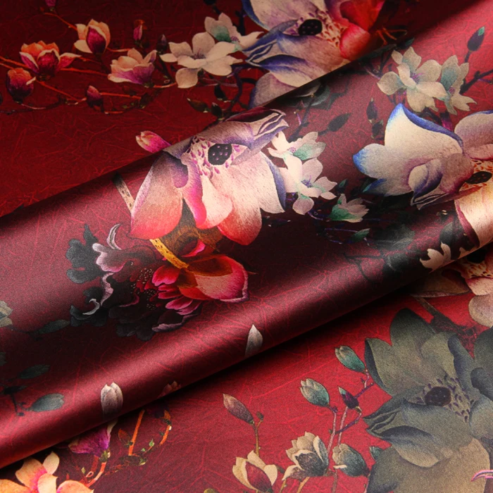 

PRINTED SILK STRETCH SATIN 118cm width 19momme Natural Pure Silk Fabric Red Color Flower Painting