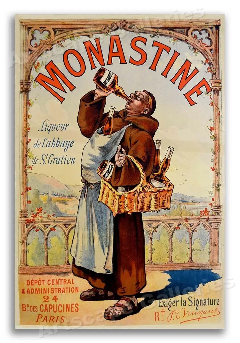 1892 Monastine французский ликер Винтаж Стиль рекламные шелковые плакат декоративной