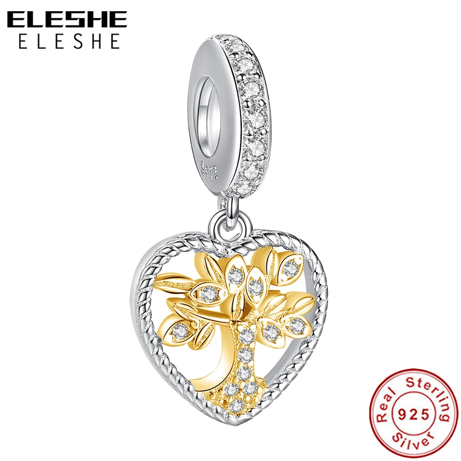 

ELESHE, с украшением в виде кристаллов CZ сердце золото жизни Древо жизни» 925 стерлингового серебра бисера для женщин, платье для женщин, серебро...