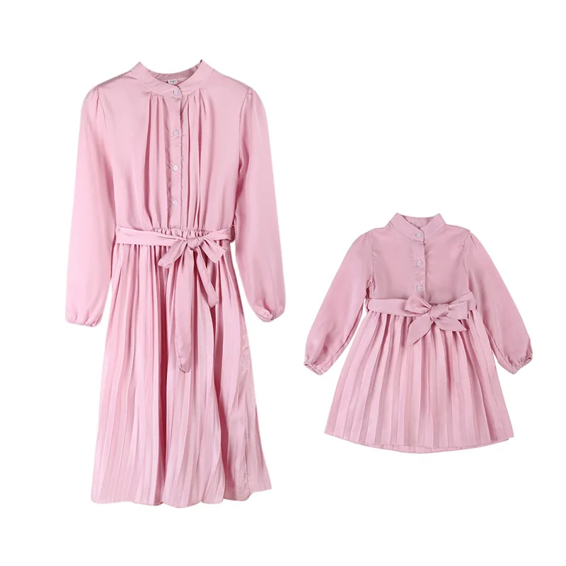 

Autumn Silk Women Girls Dress Mother Daughter Dresses Matching Outfits Clothes Pink Imitation Family Look