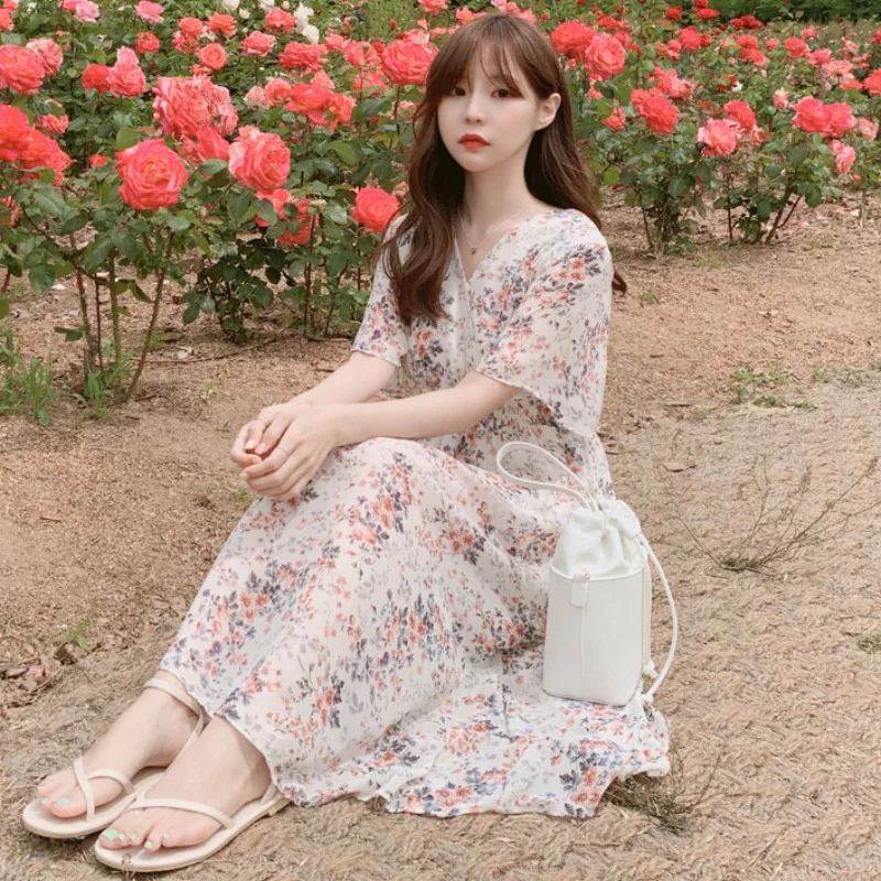 Цветочный платье ниже колен женские 2021 Новые Летние Ретро Модный маленький