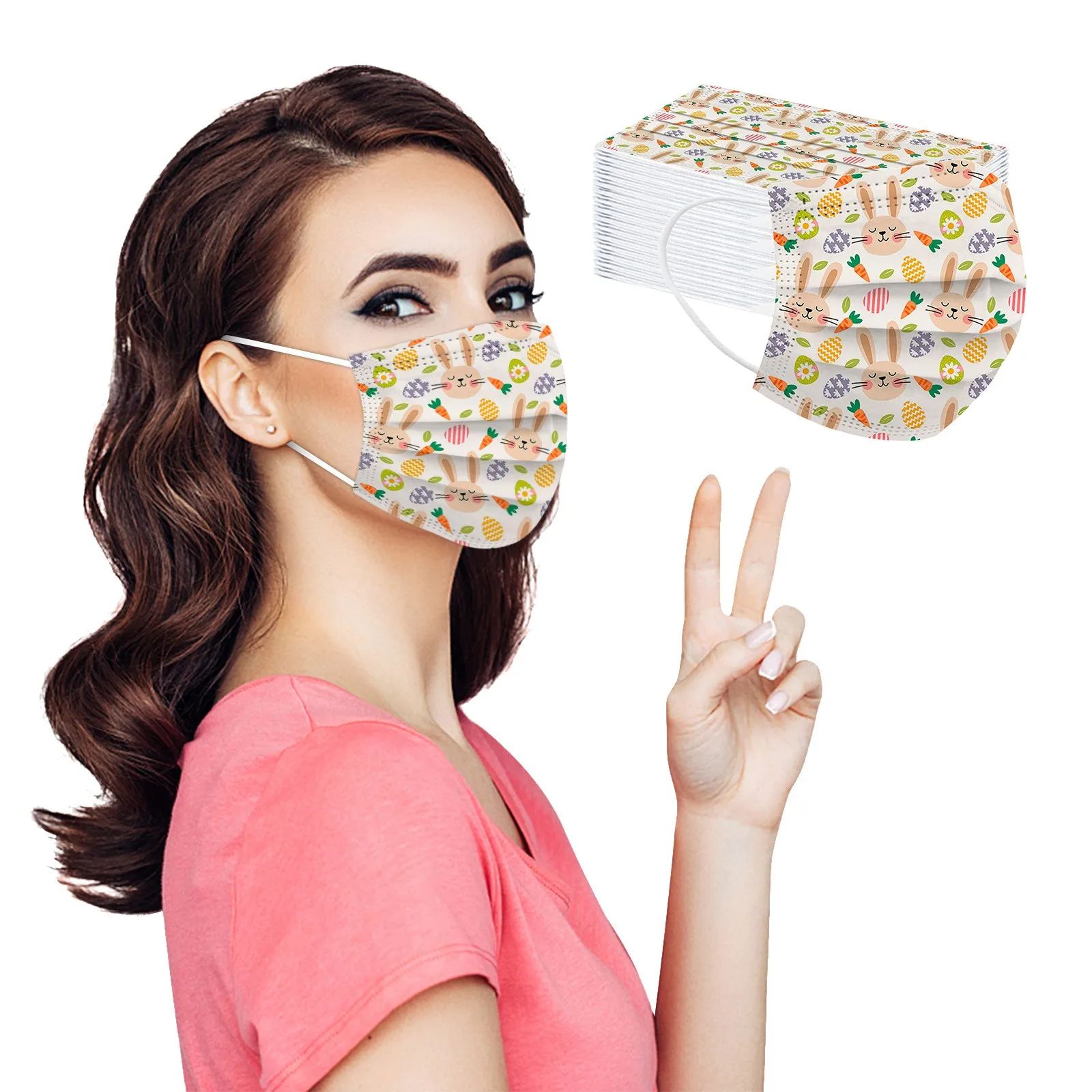 

10/20/30/50100PCS Adult Cute Rabbit Printed Mask for Adult 3 Ply Dustproof Easter Bunny Egg Disposable Face Mask
