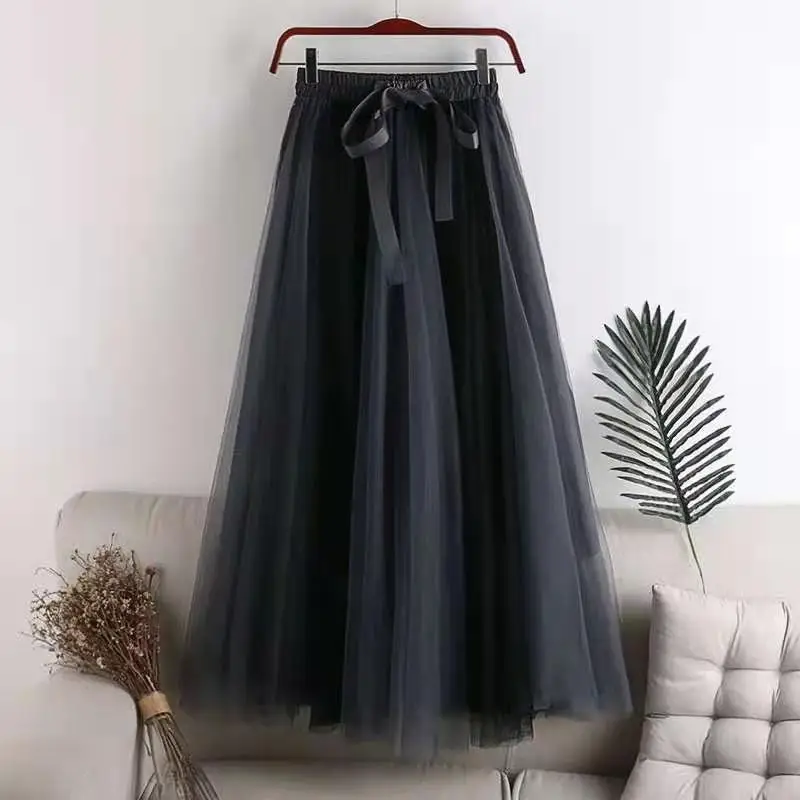 

Korean version ins new splicing female fairy spring and summer skirt medium length high waist big swing mesh A-line skirt