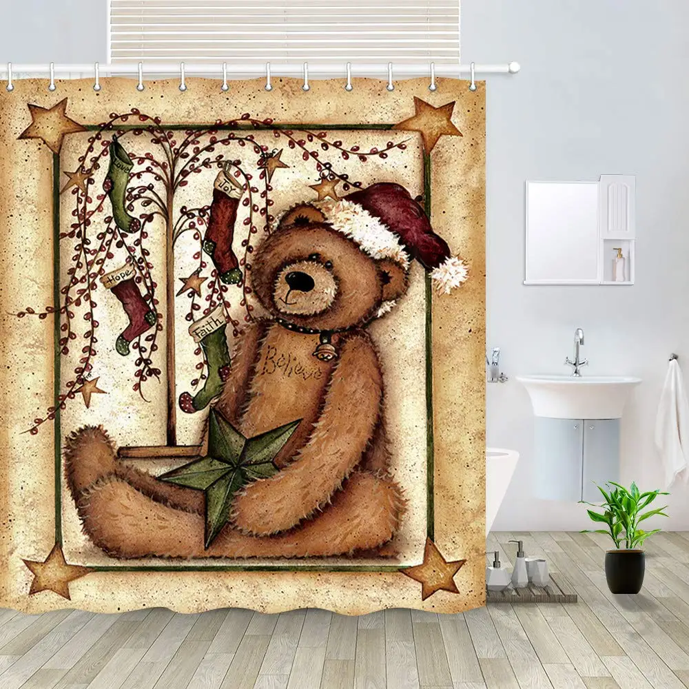 

Funny Cartoon Bear with Christmas Hat and Wishing Tree for New Year Shower Curtains