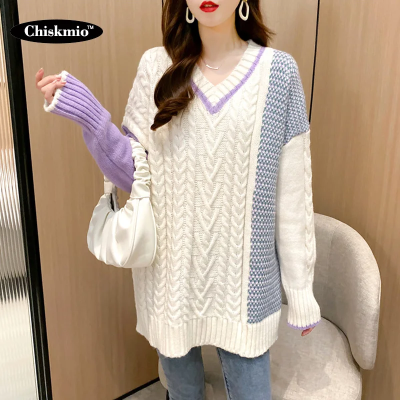 

Patchwork Thick Twist Sweater Ladies Loose V-neck Knitted Tops Winter Warm Pullover Ladies Japan Style Casual Knitwear Harajuku