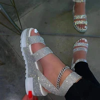 2021 womens bling glitter sandals female ankle buckle flat platform ladies non slip outdoor shoes woman beach footwear big size