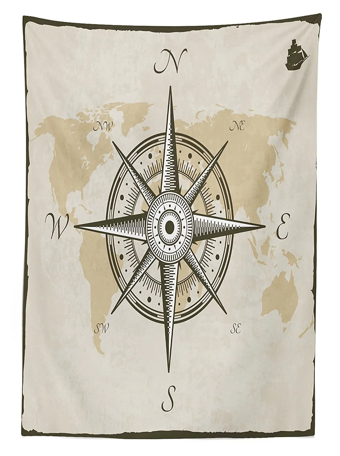 Compass Decor Tablecloth Nautical on Background of Old Map Torn Border Frame Dining Room Kitchen Table Cover | Дом и сад