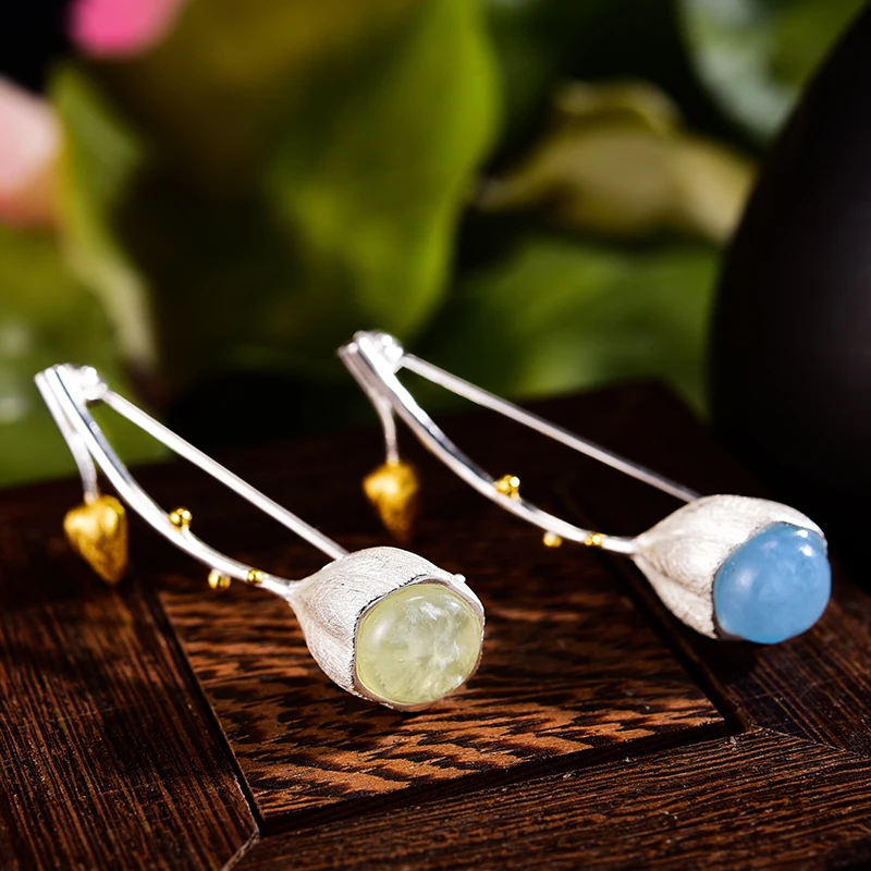 Лотосовое наслаждение. Реальное серебро 925 пробы. Ручная работа с природными камнями. Элегантные бутоны-броши для женщин.