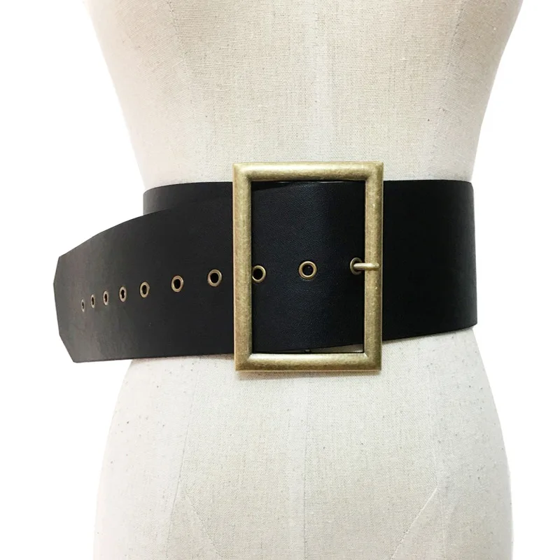 Женский поясной ремень широкий черный из искусственной кожи с квадратной