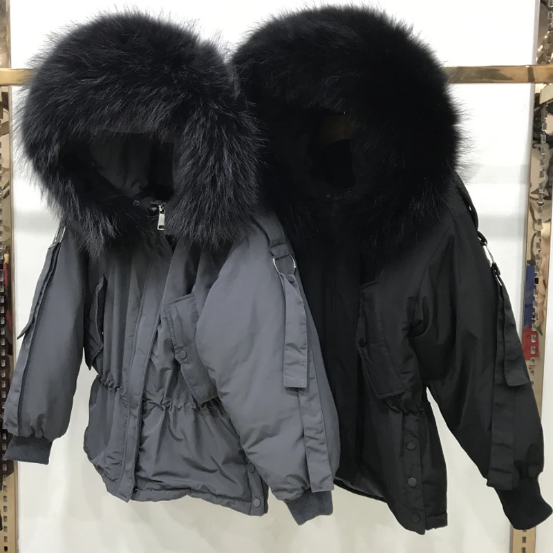 

Large Real Raccoon Fur 2021 Women Winter Jacket Hooded Warm Female White Duck Down Jacket Medium Long Parkas Loose Women Coat