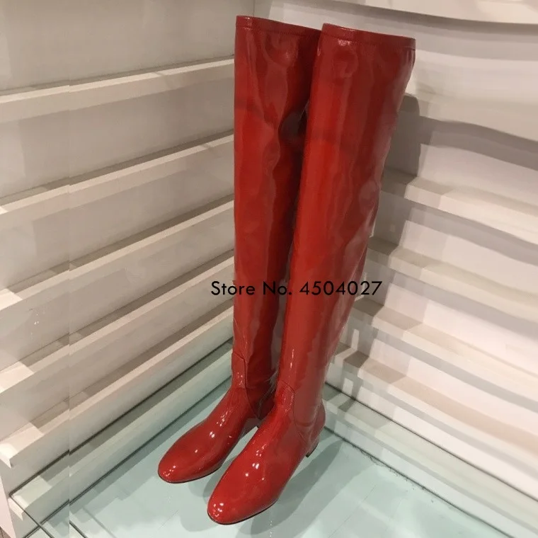 

Size 35-42 Red Patent Leather Over The Knee Boots Women Chunky Heel Thigh High Sexy Woman Shoes Long Bota Feminina