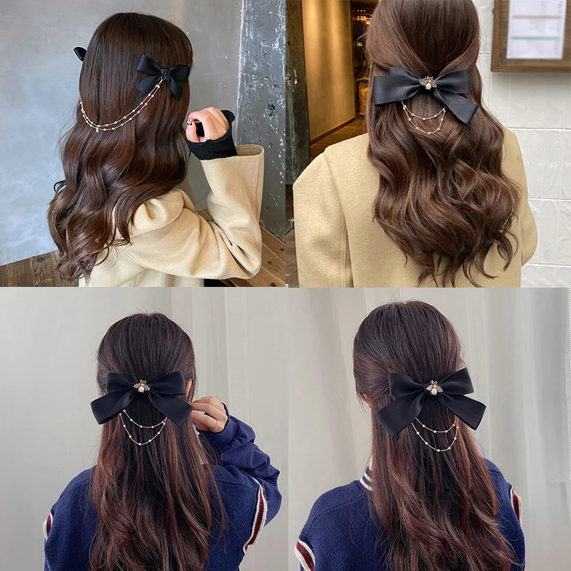 

New Bow Pearls Chain Hair Clips Barrettes Hairpins For Women Rhinestone Spring Ribbon Headband Ponytail Clip Hair Accessories