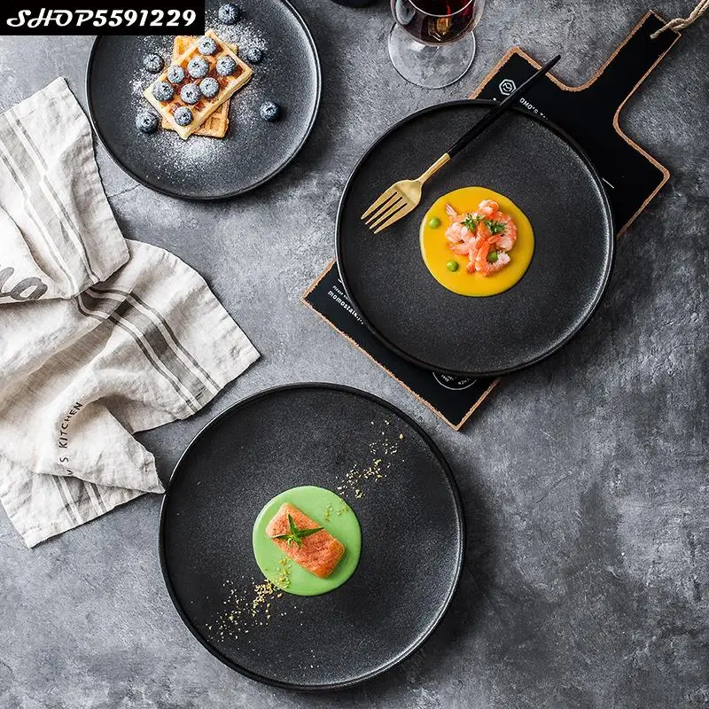 

Japanese Black Ceramic Retro Western Steak Plate Simple Frosted Hotel Restaurant Fish Plate Salad Flat Plate Kitchen Tableware