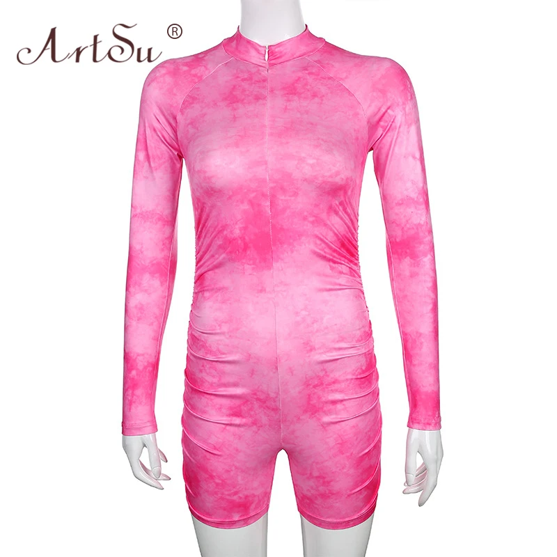

ArtSu Skinny Women Zipper Deep V Neck Playsuits Sexy Outfits Streetwear Tie-Dye Print Long Sleeve Playsuit Tracksuit 2020
