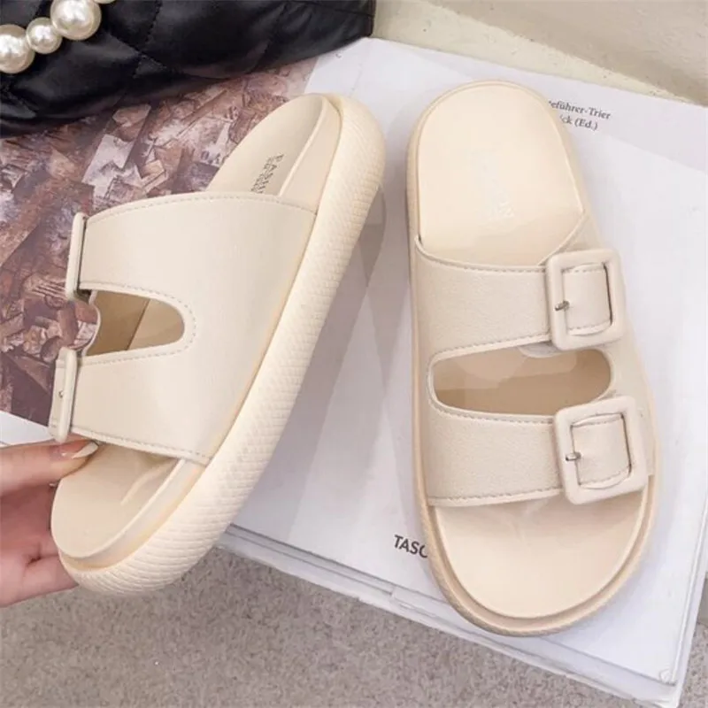 

2021 Summer New Women Slippers Fashion Buckle Non-slip Platform Women Shoes Outdoor Beach PU Leather Slip on Flats Women Slides