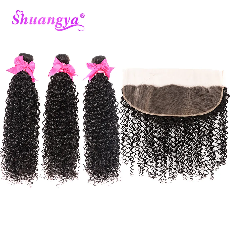 Волнистые волосы Shuangya бразильские курчавые пучки с фронтальной связкой 100%