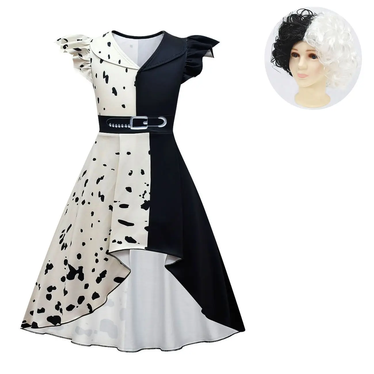 

Косплей-костюм для девочек Cruella, наряды на Хэллоуин, черно-белое платье Cruella в горошек, детская одежда для вечеринки